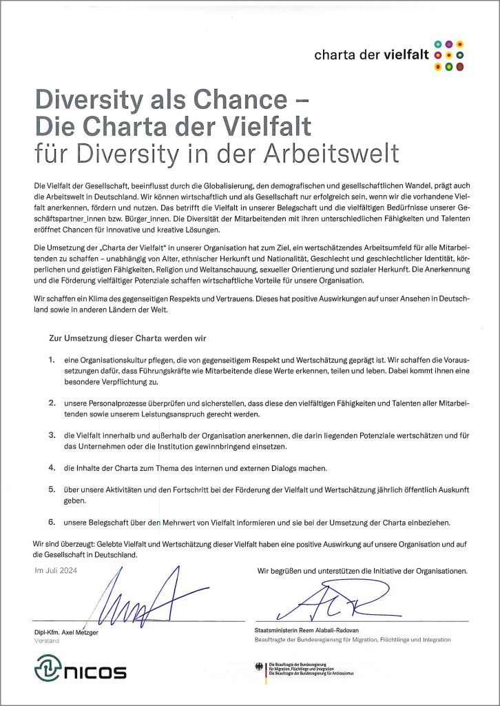 nicos unterzeichnet "Charta der Vielfalt" – nicos AG