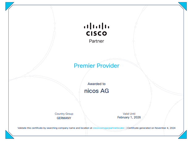 Erfolgreiche Rezertifizierung als "Cisco Premier Provider" – nicos AG